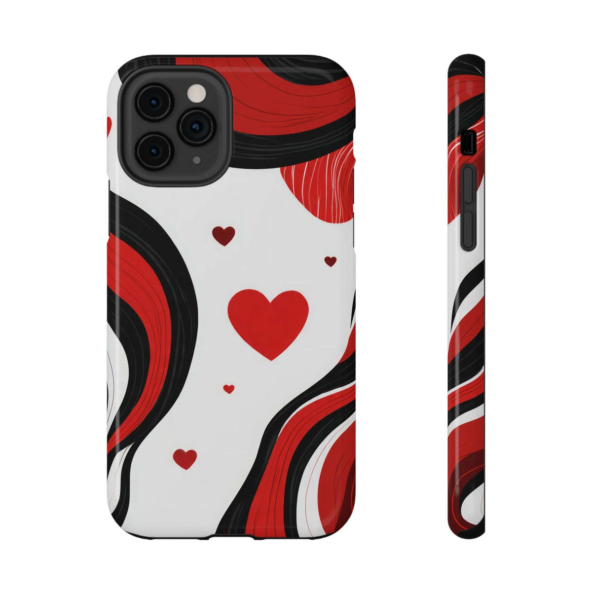 Phone case front view with red hearts on white and black/red wave swirls