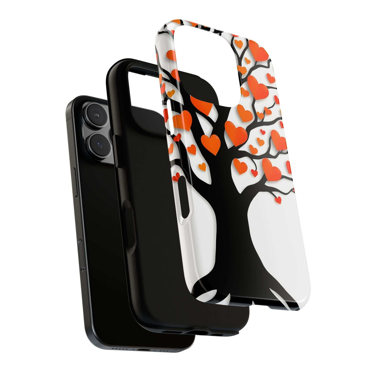 Phone case with orange hearts and black tree silhouette on white; raised edge around camera