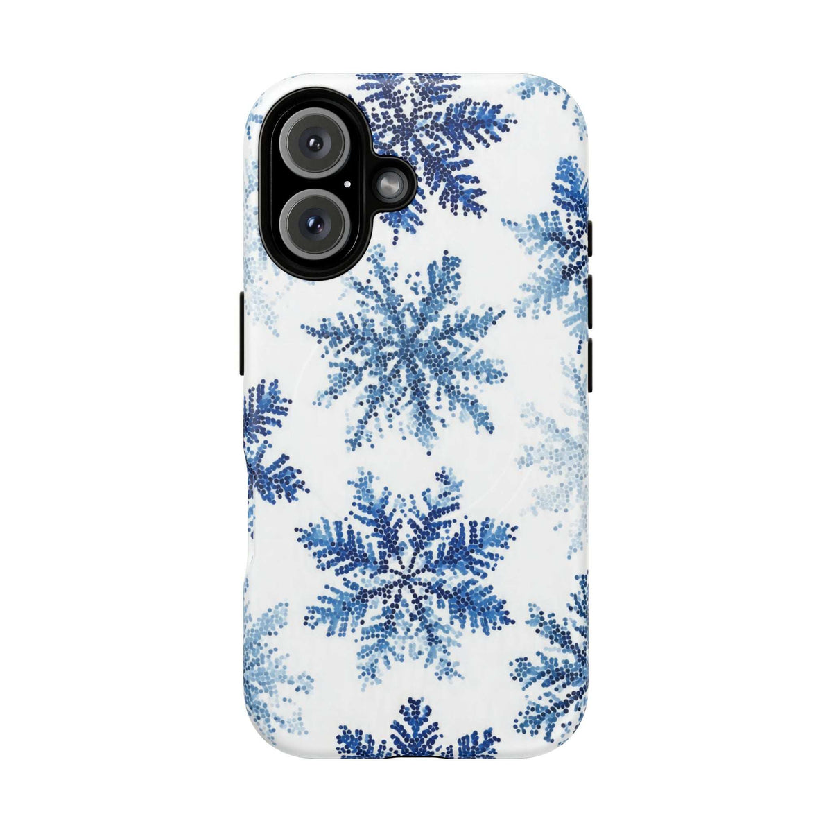 Snowflake phone case for iPhone 13-17, white with blue snowflake print, dual camera cutout