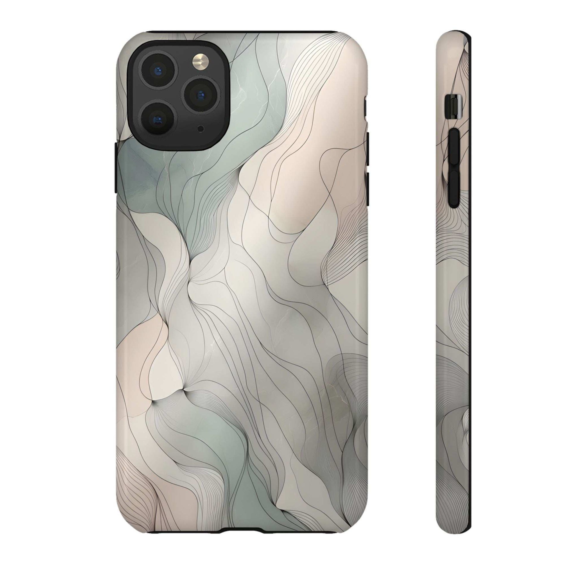 Pastel wave phone case with blue and cream flowing lines; camera bumps and button openings