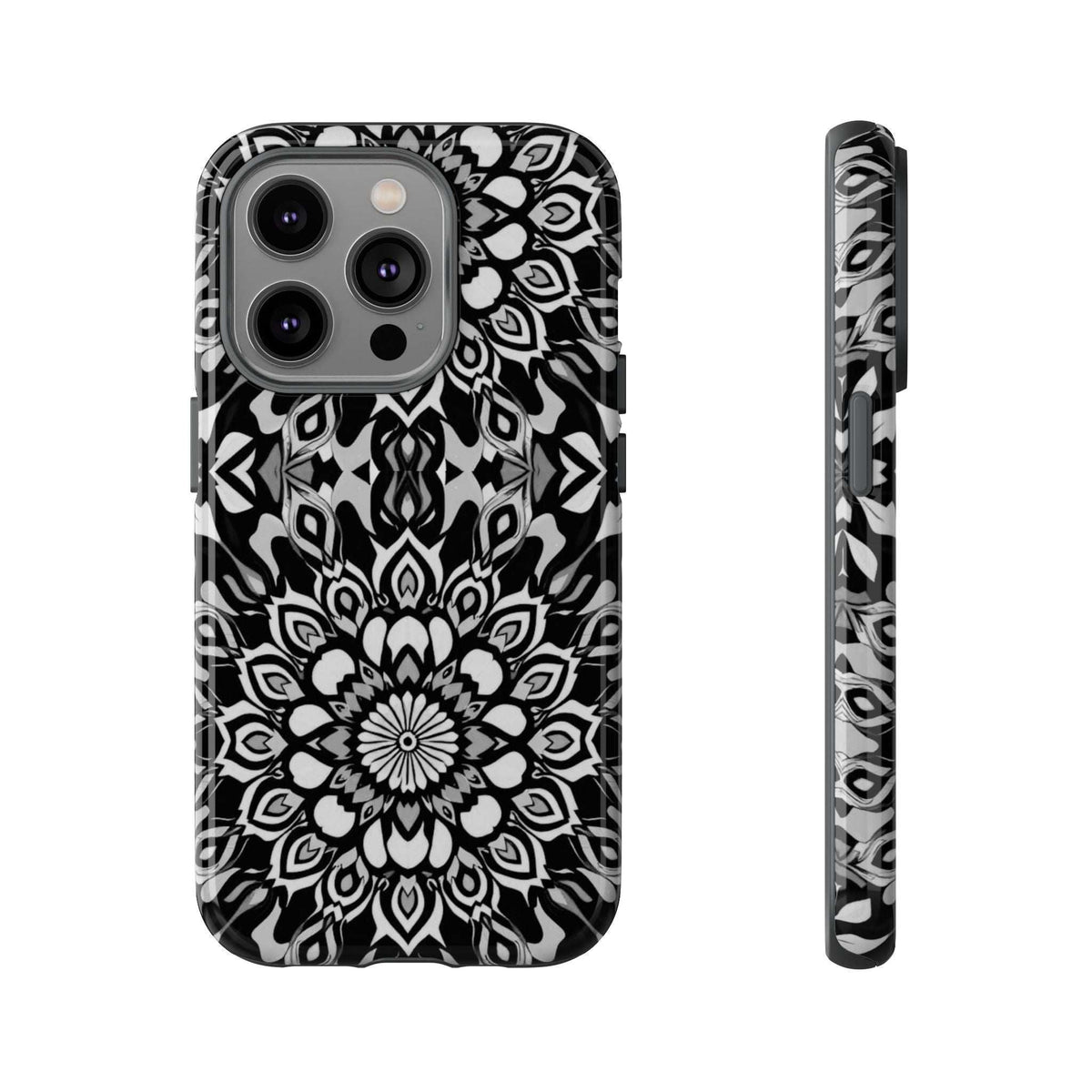 Mandala phone case with black-and-white mandala design and camera cutouts with side strip