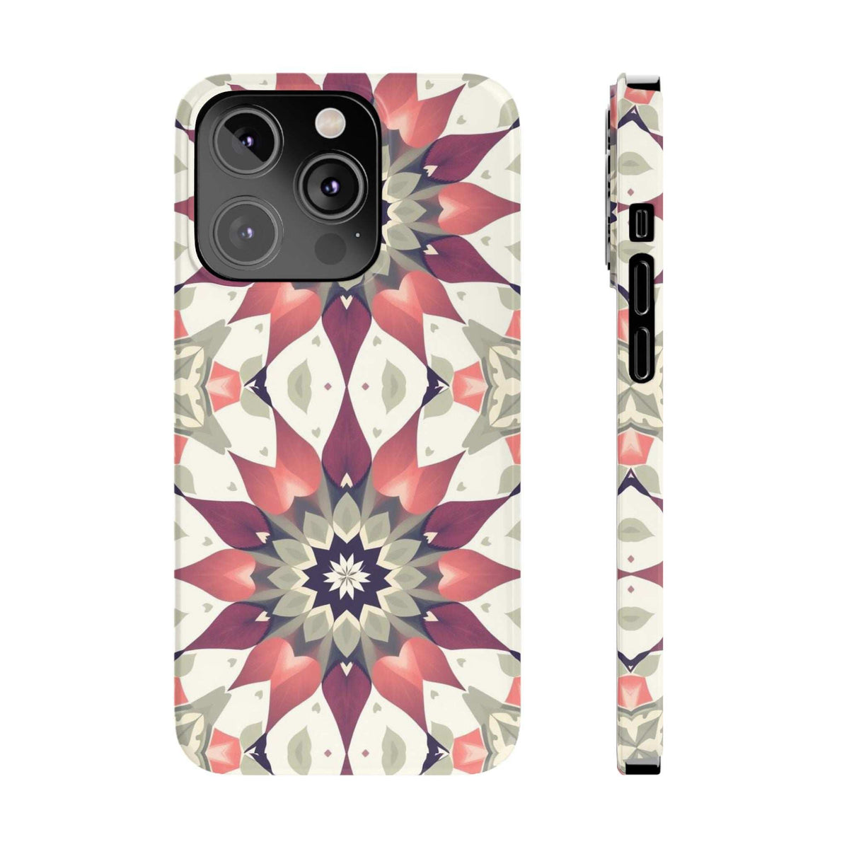 Smartphone phone case front view with burgundy and navy mandala, triple camera openings