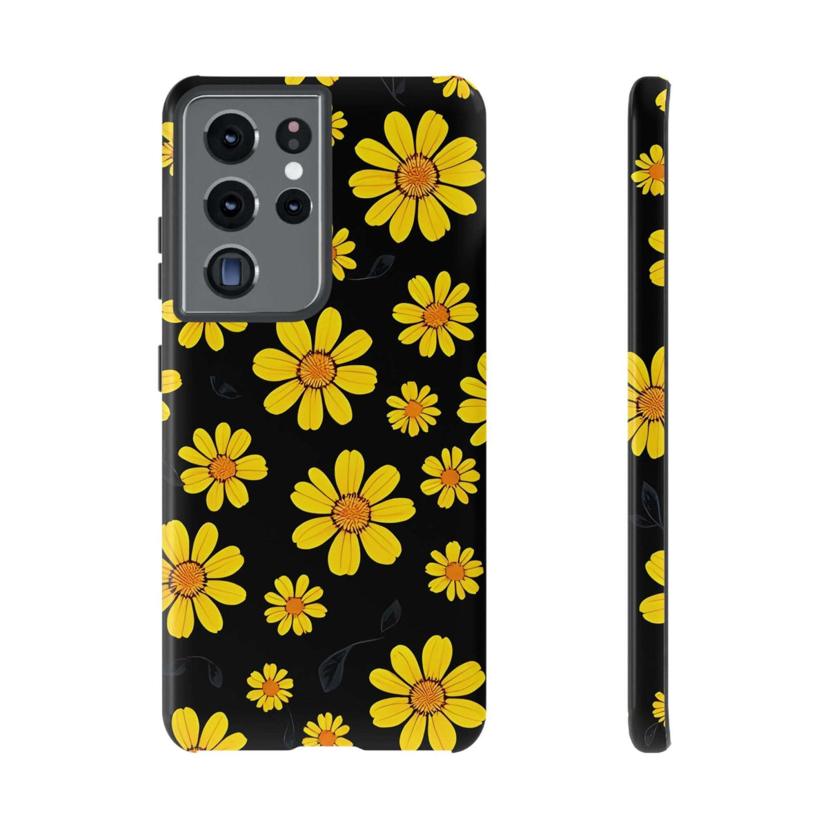 Phone case with black background and yellow daisy floral pattern, raised rear camera module