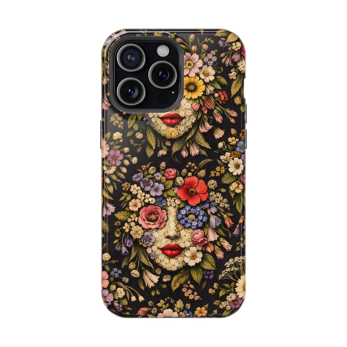 Phone case showing vintage floral face art with red lips and colorful blossoms; raised camera module