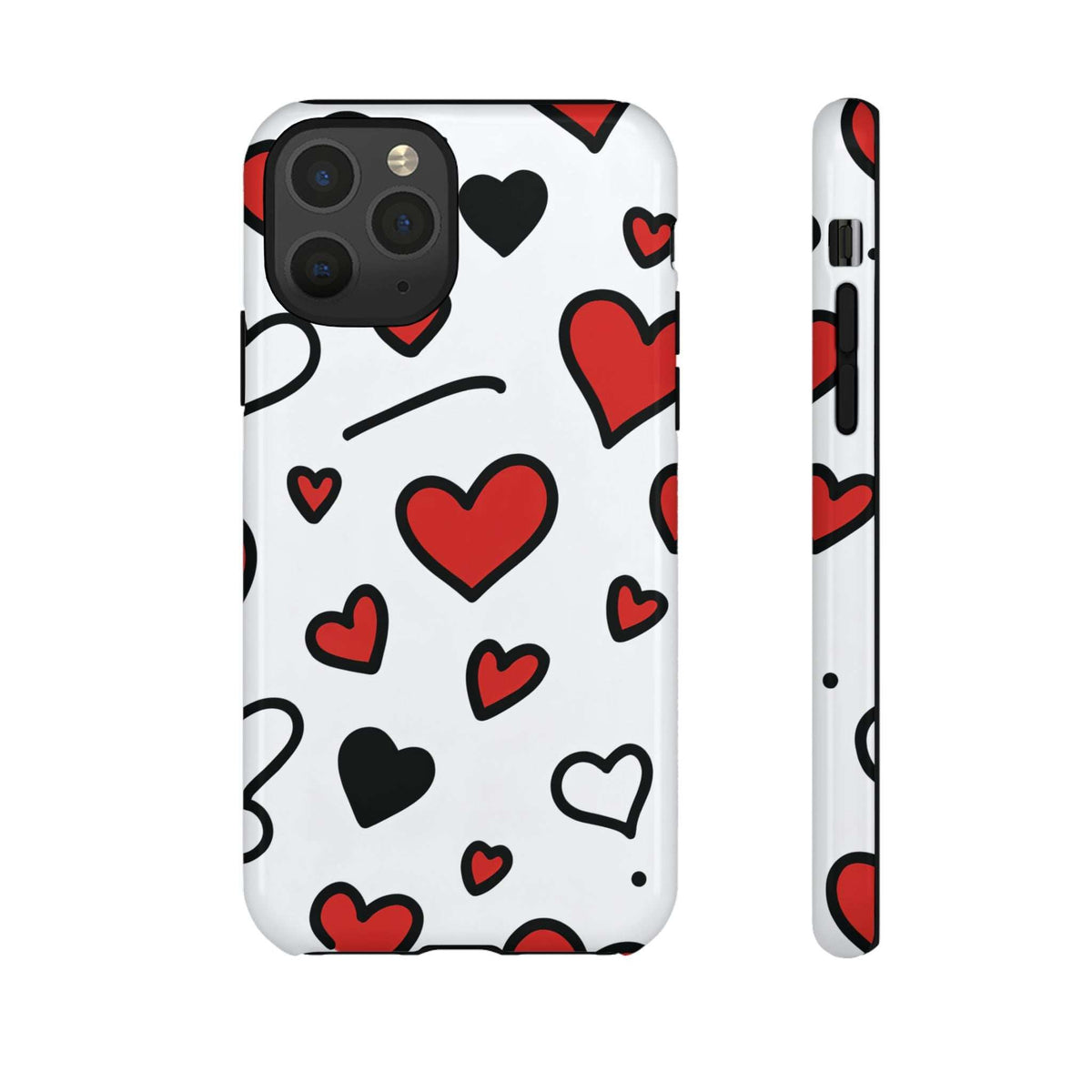 White phone case front view with scattered hearts in red, black, and white with cutouts
