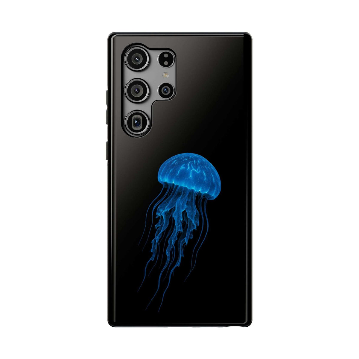 Black phone case featuring blue jellyfish design with multiple rear camera cutouts