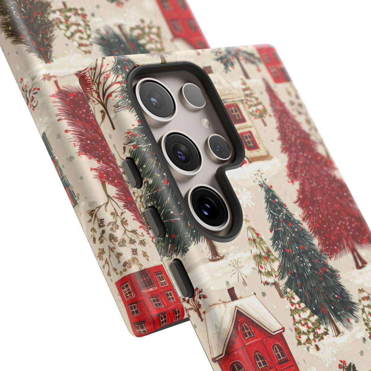 Phone case with winter village scene close-up, red trees and camera lens cutouts