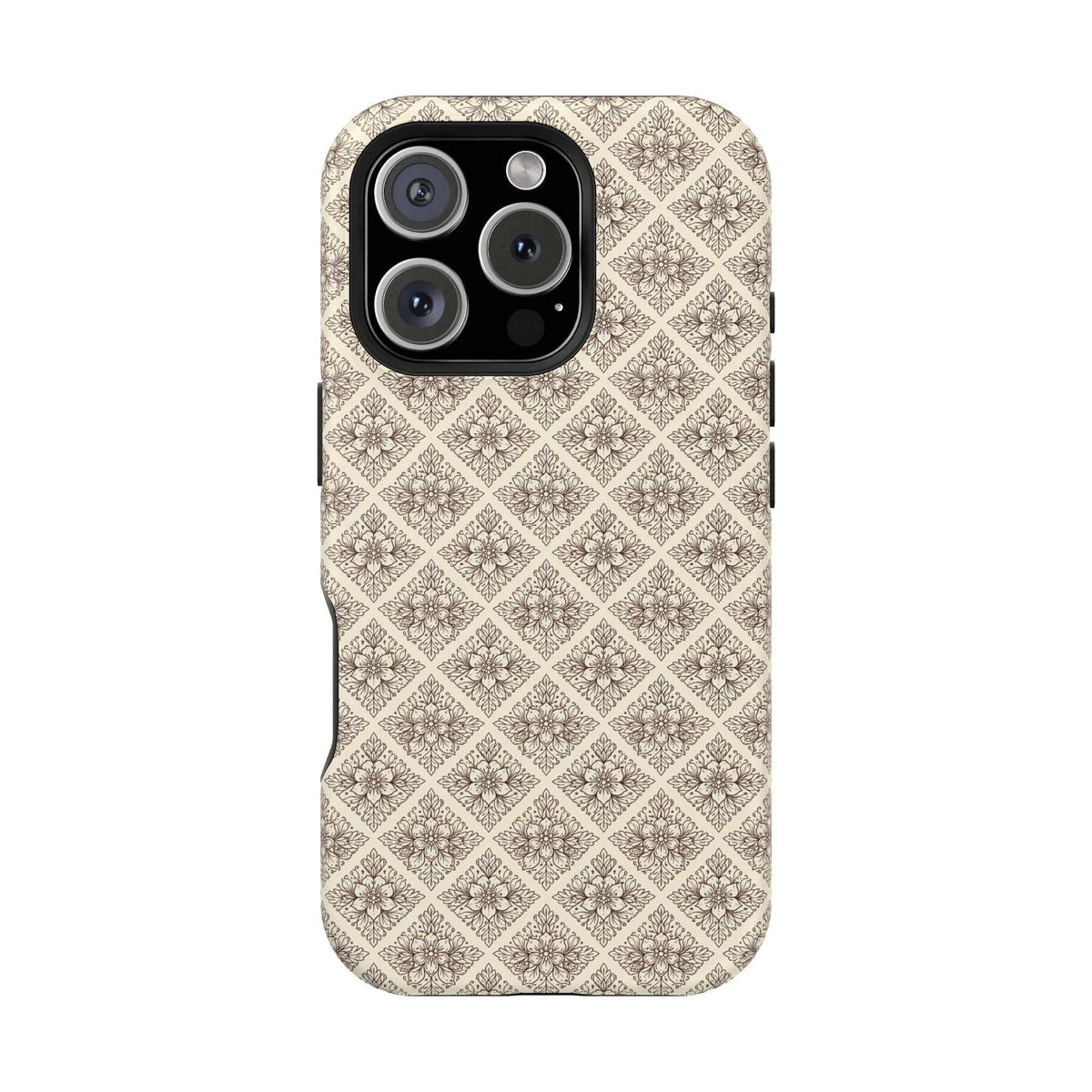 Beige ornate diamond phone case with raised edges and vertical camera cutout