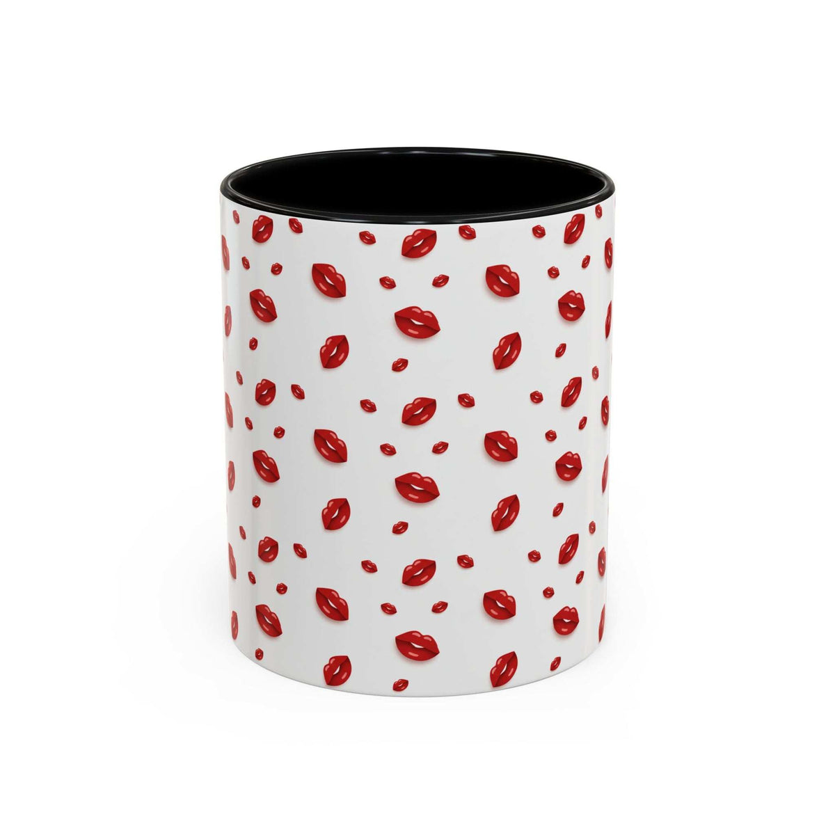 Ceramic coffee mug with red lips pattern and black interior rim