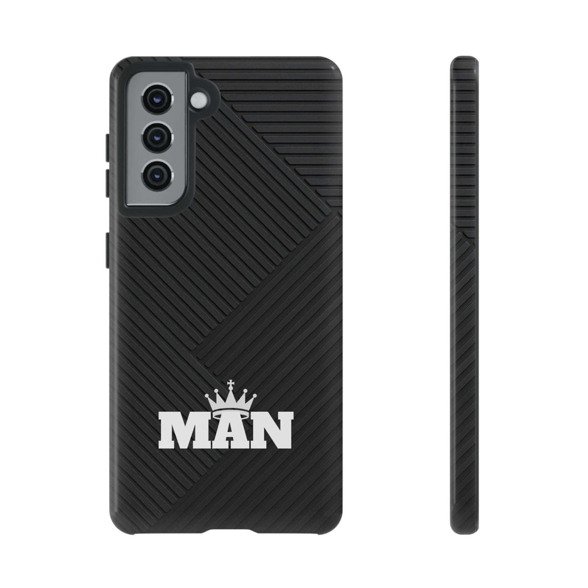 Black MAN logo phone case with textured pattern, camera cutouts, and side view