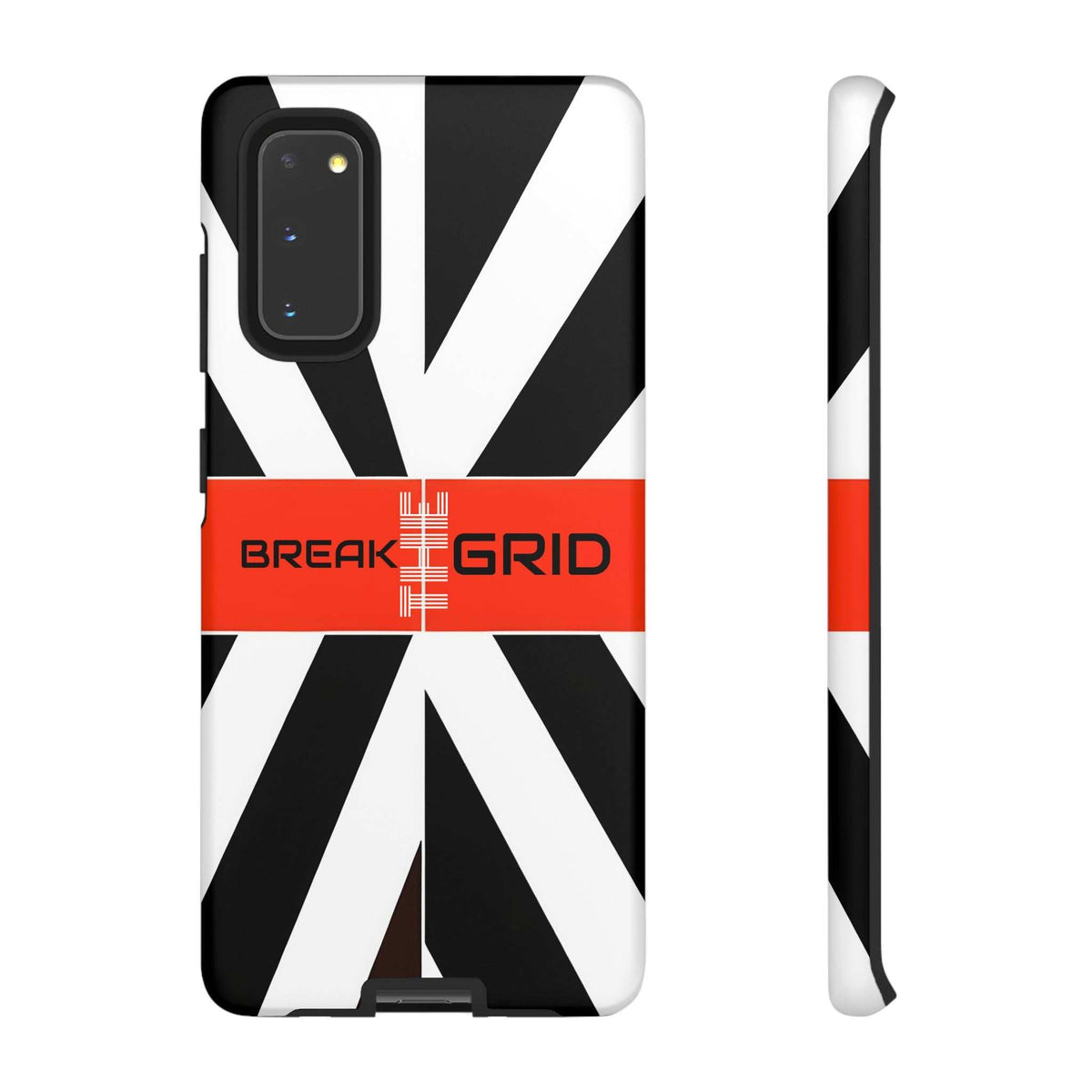 Phone case front view with black-and-white starburst pattern and orange center stripe