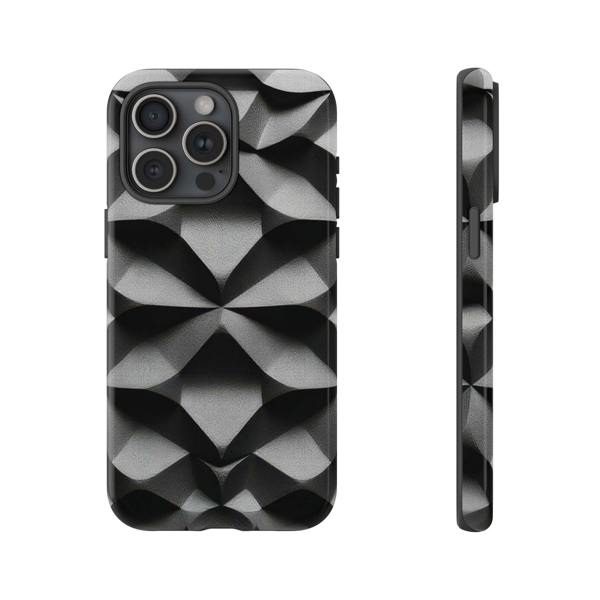 Tough phone case with black-and-gray geometric cube pattern, triple camera cutout and side bumper