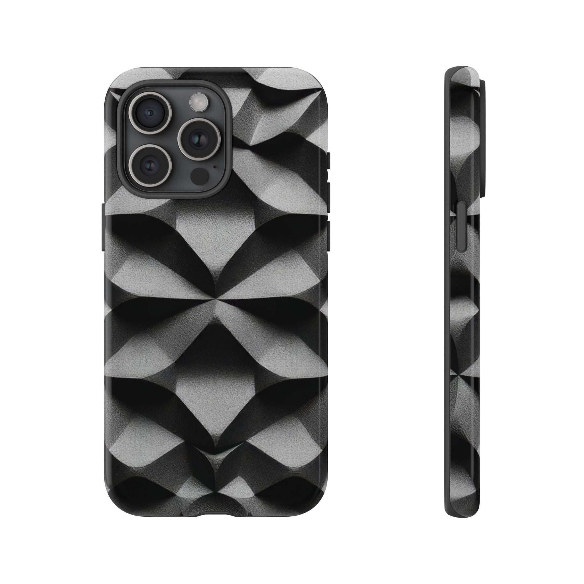 Tough phone case with black-and-gray geometric cube pattern, triple camera cutout and side bumper