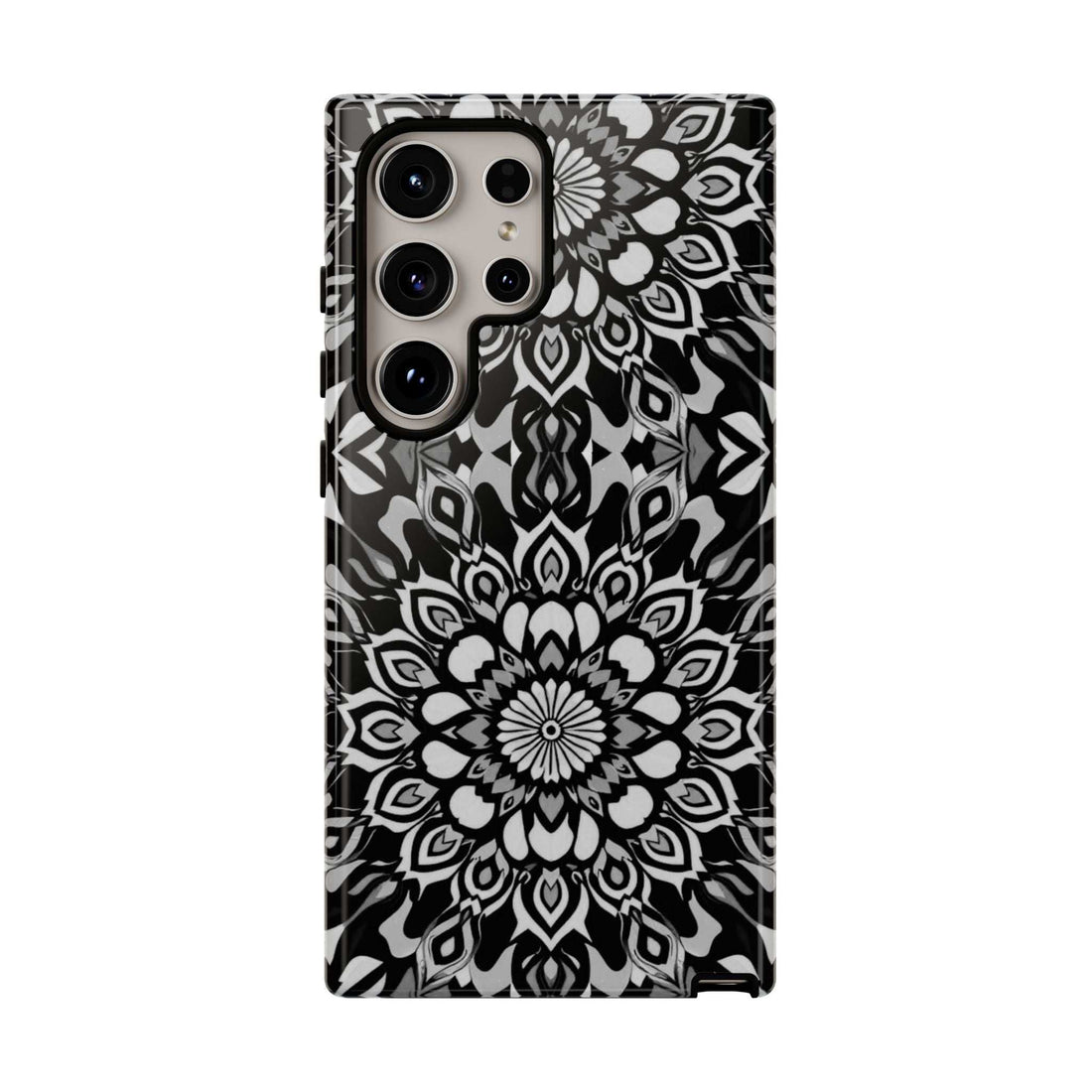 Mandala phone case for iPhone and Galaxy, black-and-white floral pattern with camera cutouts