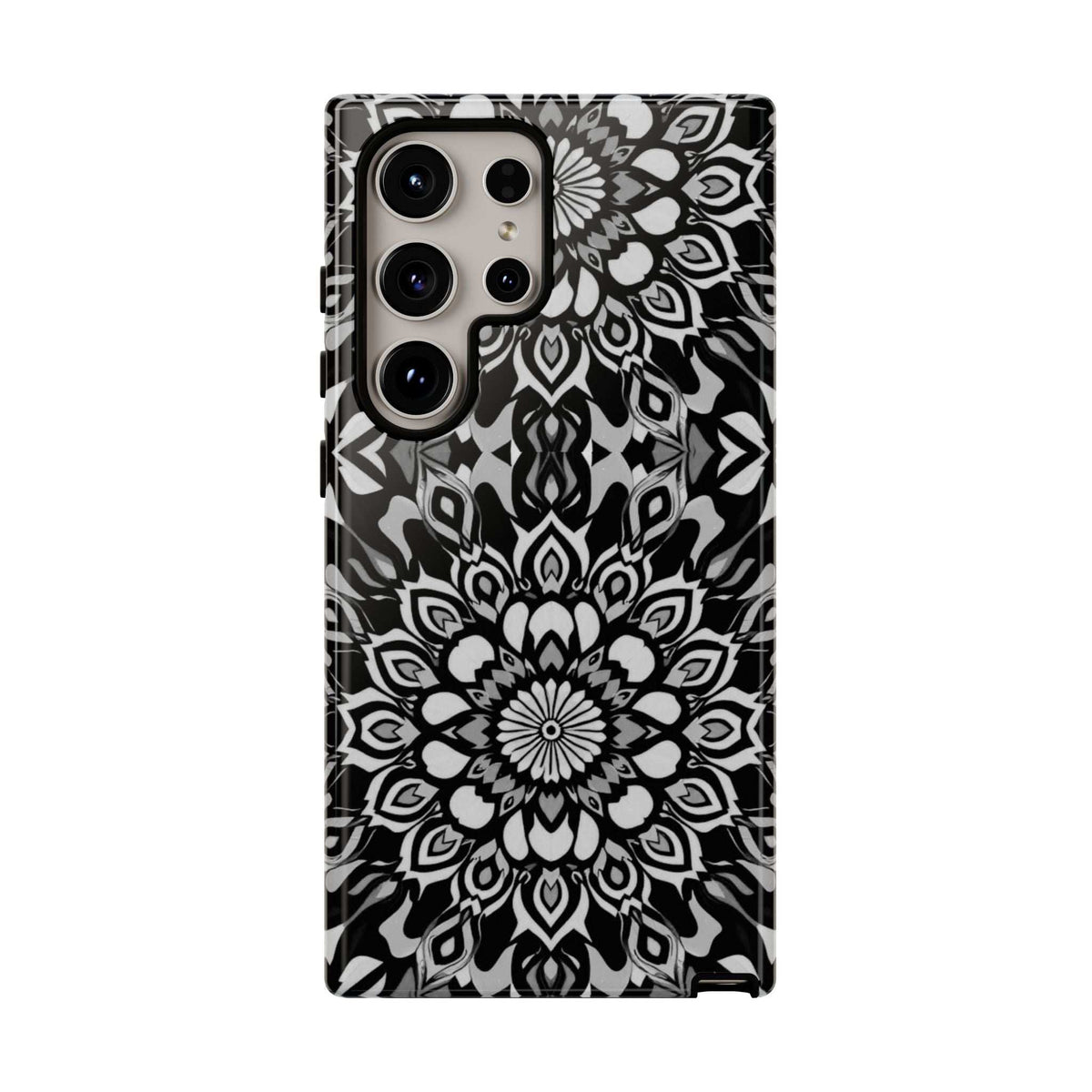 Mandala phone case with black-and-white mandala floral pattern and camera cutouts on back