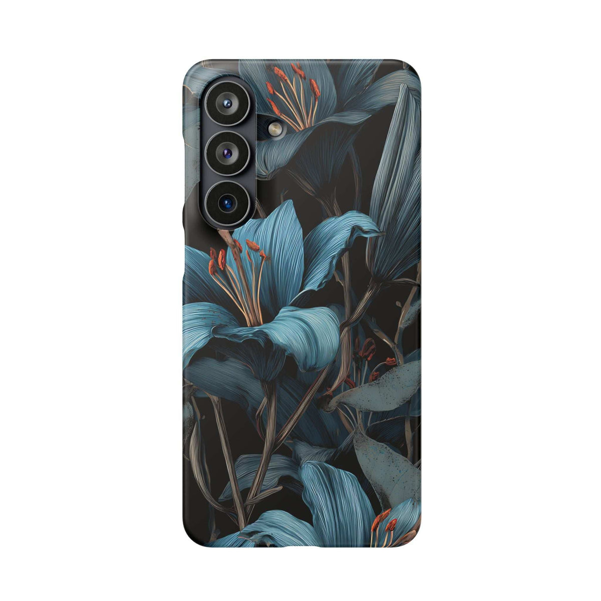 Phone case with blue lily-style flowers and visible camera lens openings