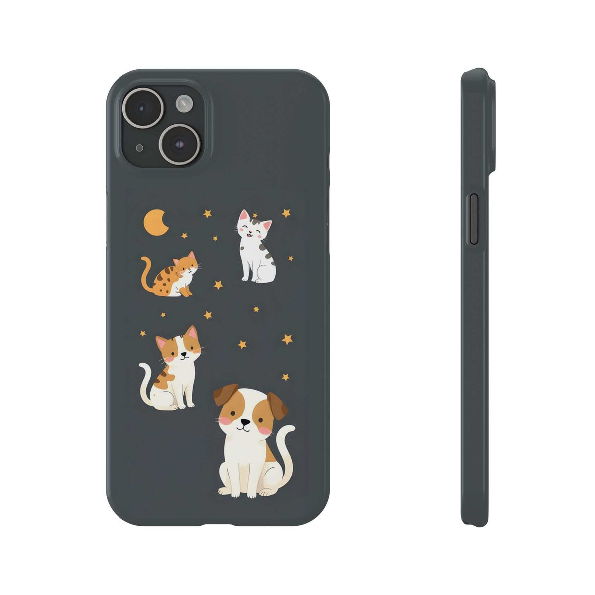 Dark gray iPhone case with cat and dog artwork, stars and moon, camera openings visible
