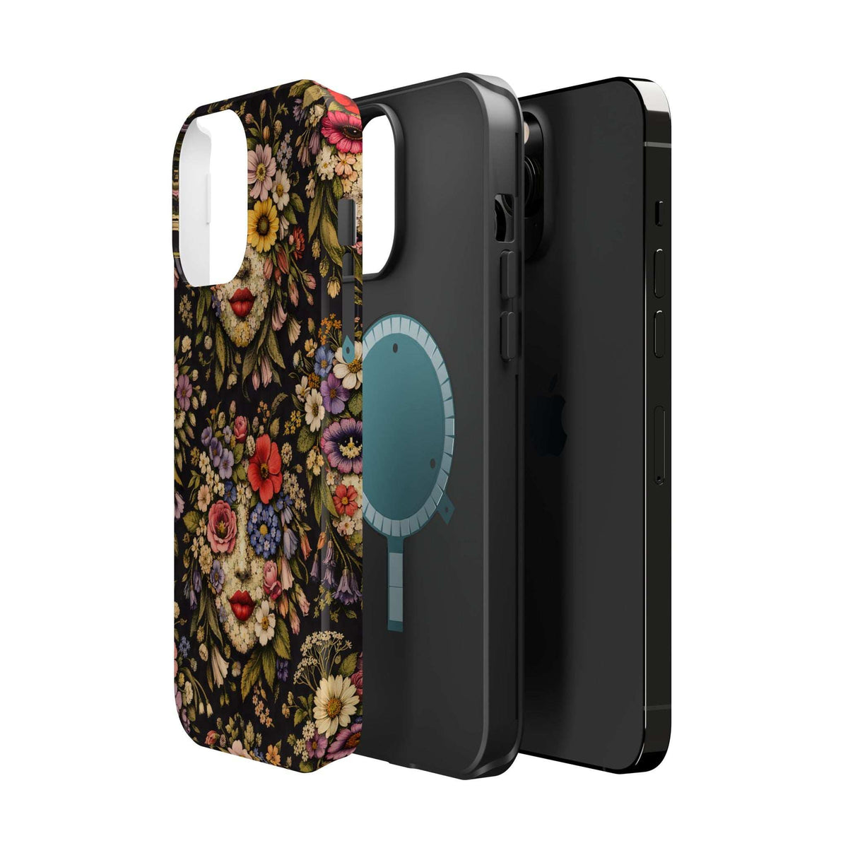 iPhone phone case with vintage floral face print and dark solid backing, side angles