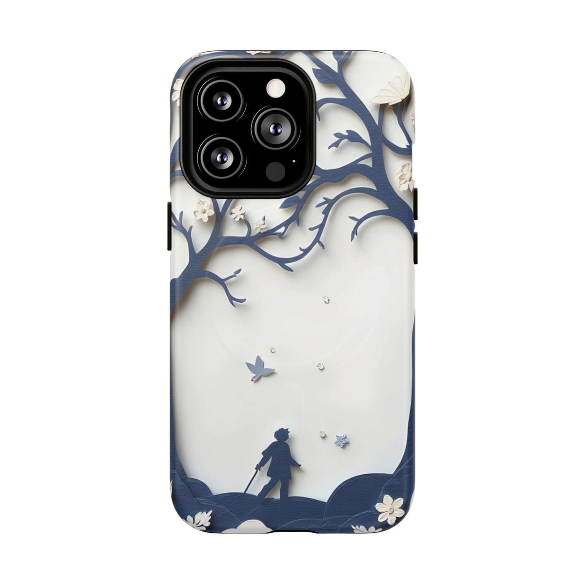 Phone case back with blue nature silhouette print, tree branches and figure scene, camera module
