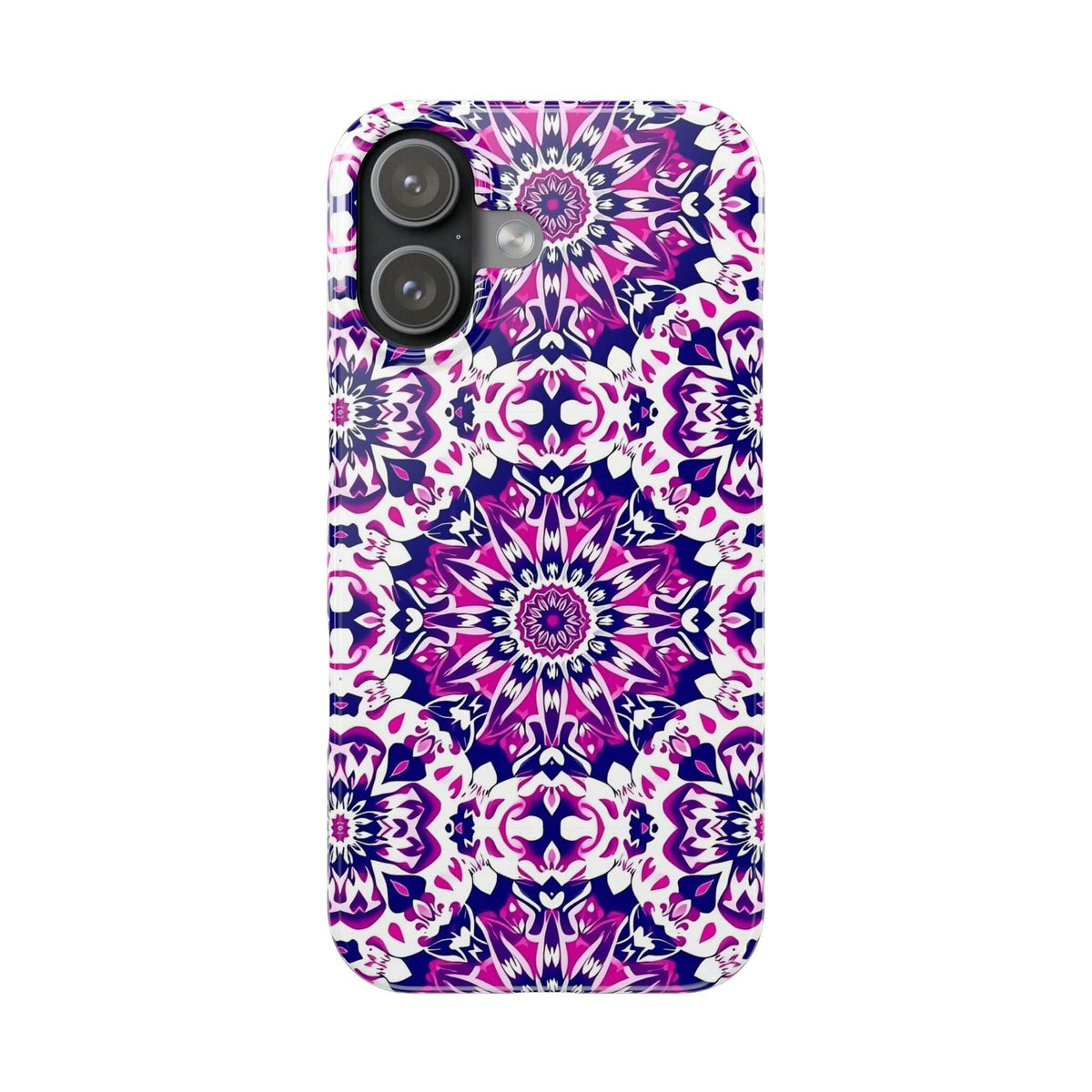Phone case in purple, pink, and white mandala floral design with camera cutouts.