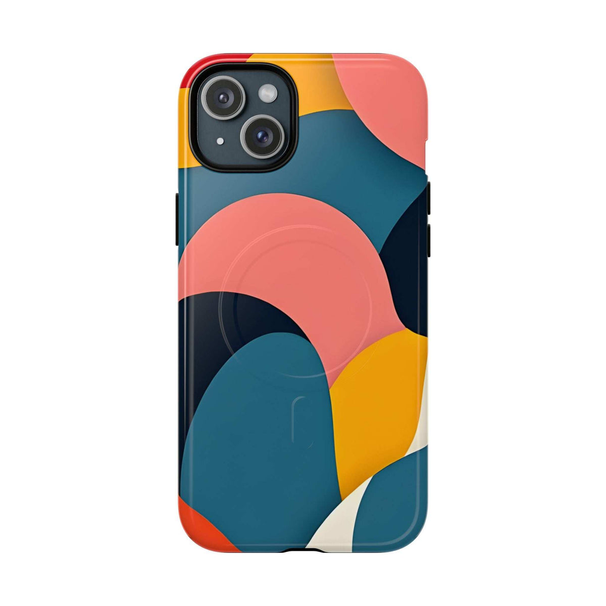 Colorful abstract art phone case with red-orange border and camera cutout