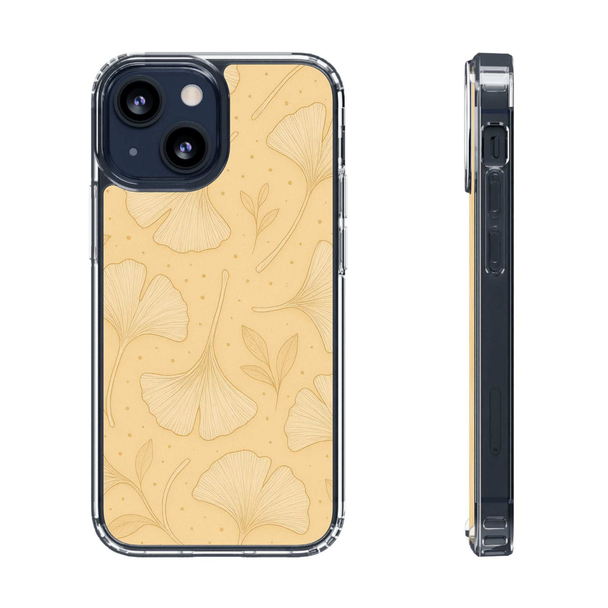 Tan ginkgo floral phone case front with camera cutouts and clear raised edge protection