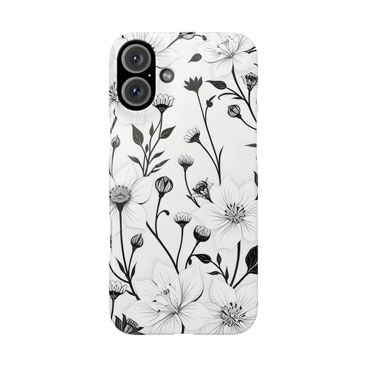 Monochrome floral phone case featuring white flowers and black botanical stems.