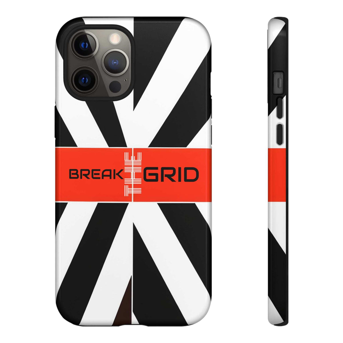 Phone case with black-and-white geometric stripes, red "Break Grid" band, front and side view.