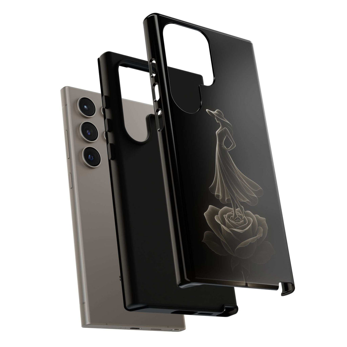 Glossy phone cases with rose silhouette, camera cutouts; black and gray set