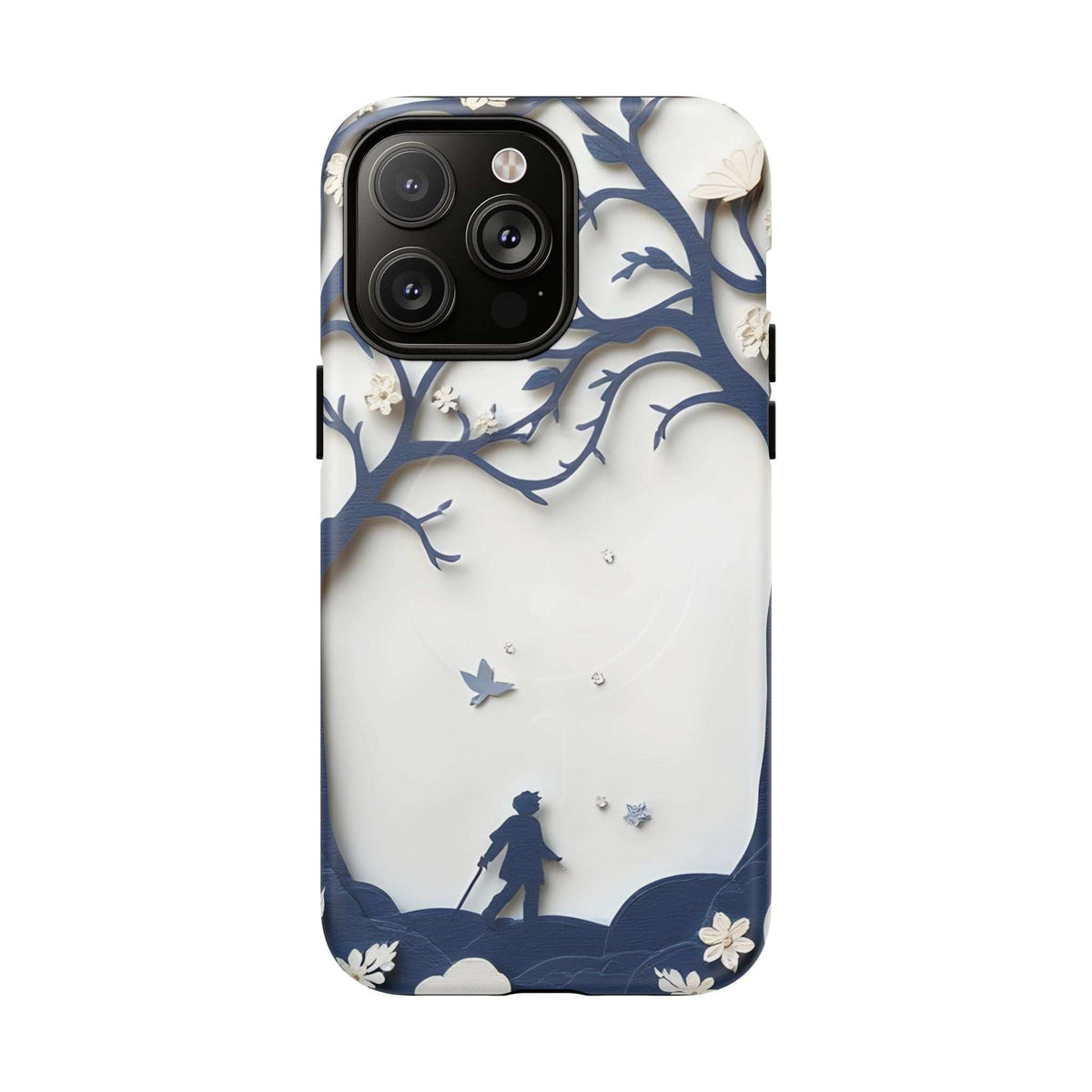 Phone case with blue nature silhouette scene and floral accents on white