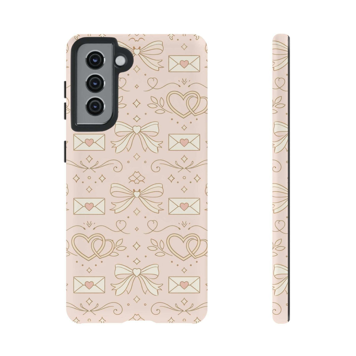 Pink tough phone case with gold heart and bow pattern, angled front and side view
