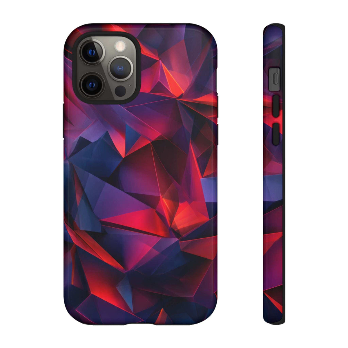 Glossy phone case with red and blue faceted prism pattern, multi-lens camera cutout.