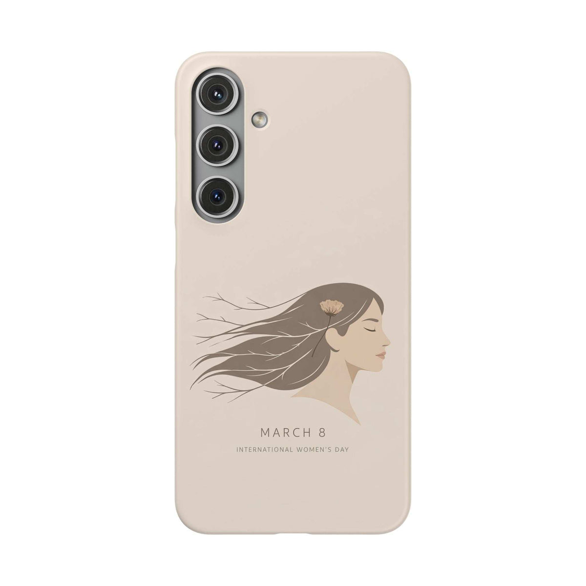 Beige phone case with vertical triple camera cutout and March 8 women’s day graphic