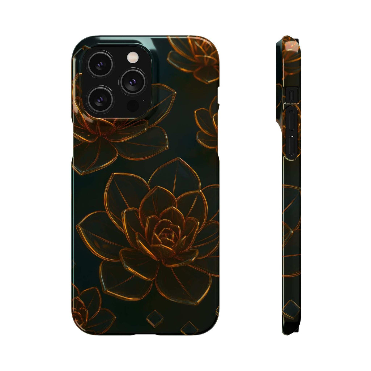 Glossy black glass phone case with gold lotus line art, triple-camera cutouts