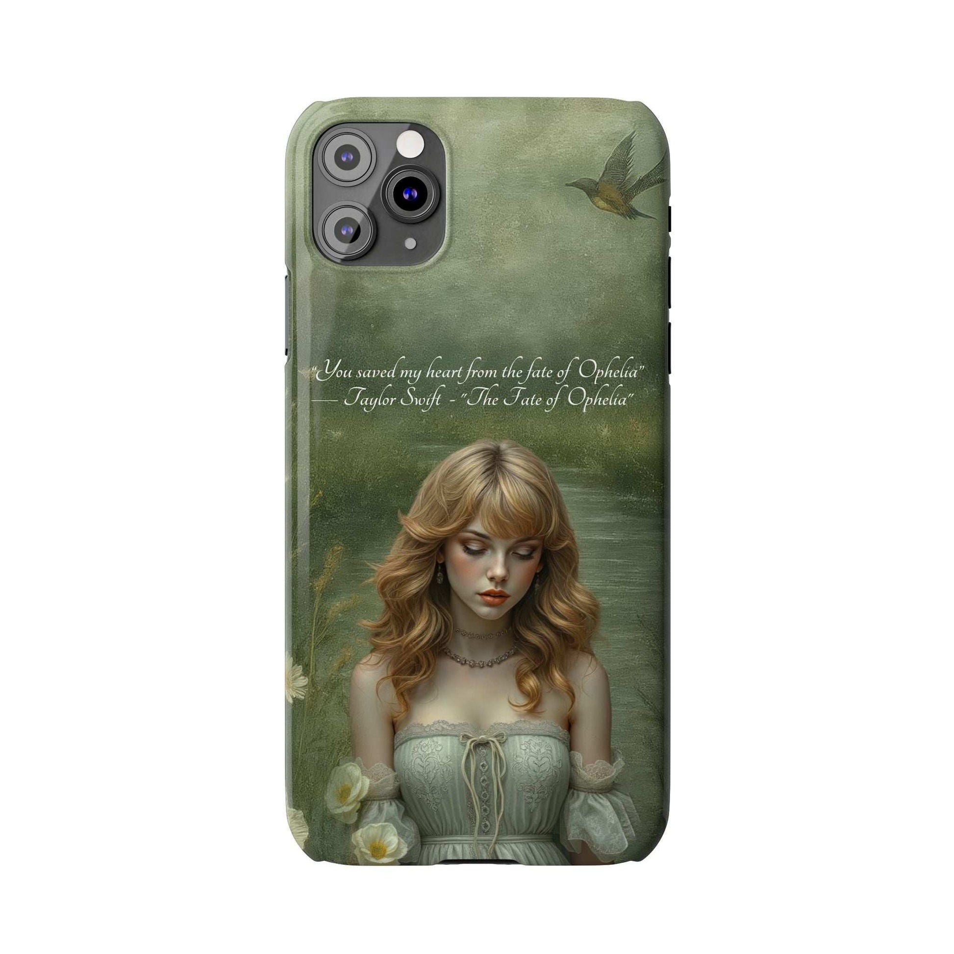 Green phone case featuring blonde woman, bird, and flowers; camera lenses visible