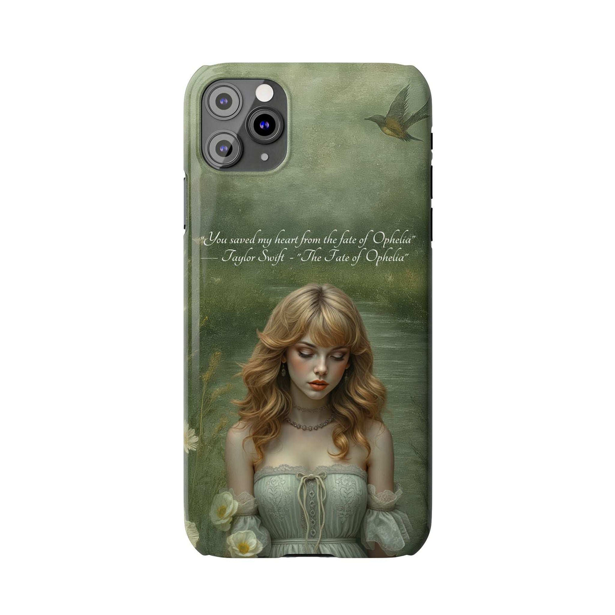 Green phone case featuring blonde woman, bird, and flowers; camera lenses visible
