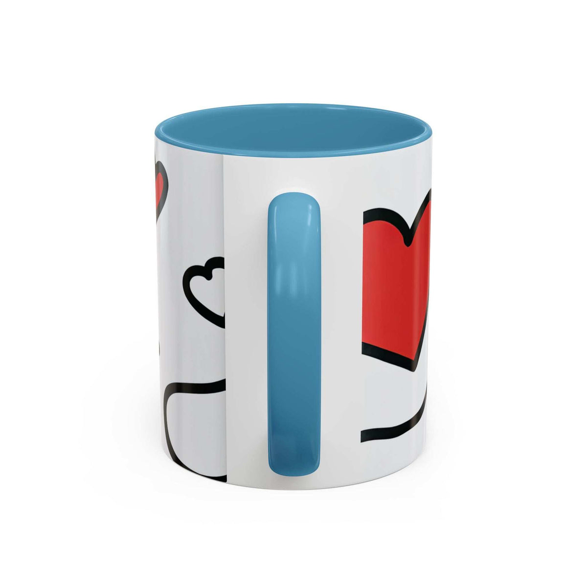 Light blue and white love-themed accent coffee mug with vertical heart letter graphic