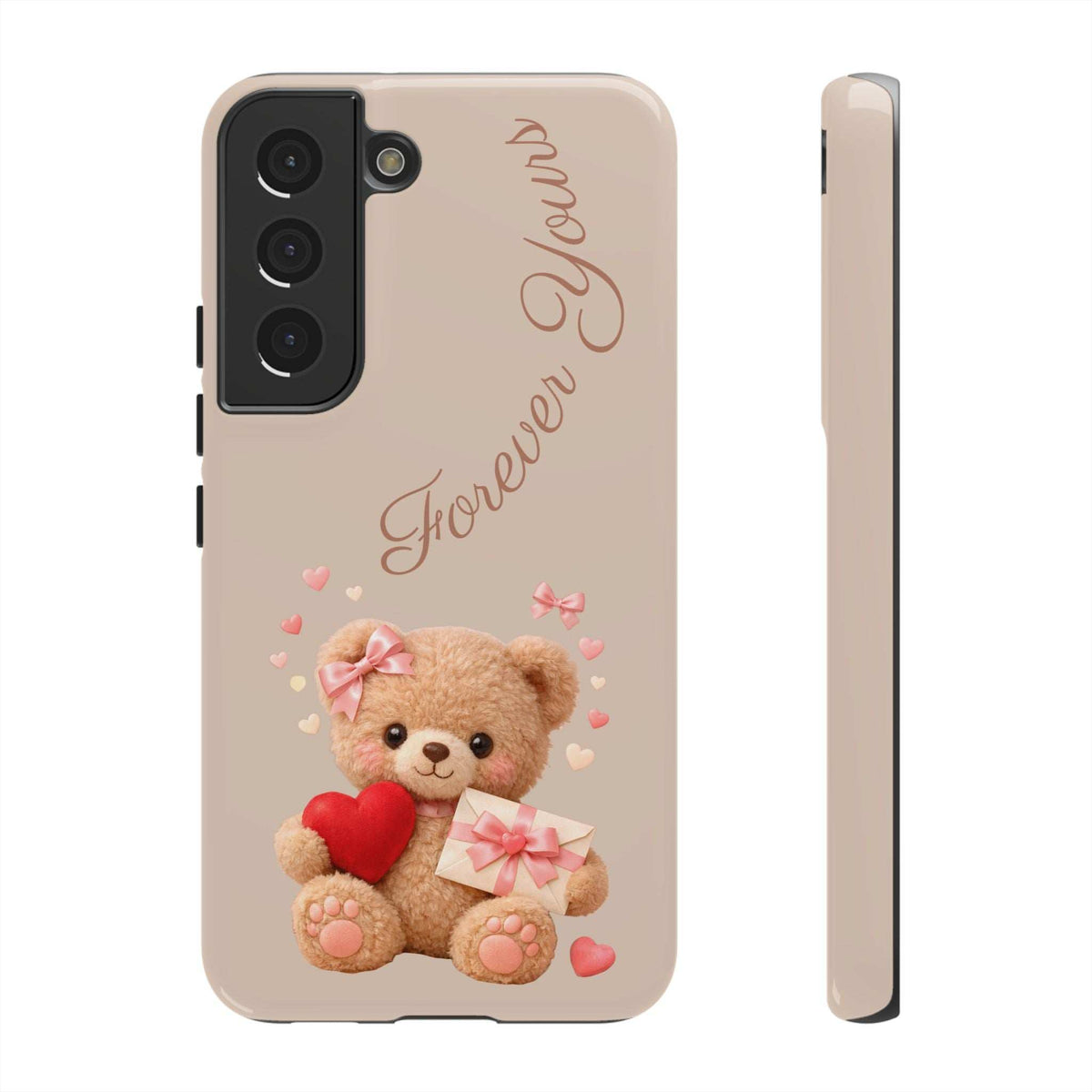 Beige phone case with teddy bear and red heart; side profile view for Samsung Galaxy.