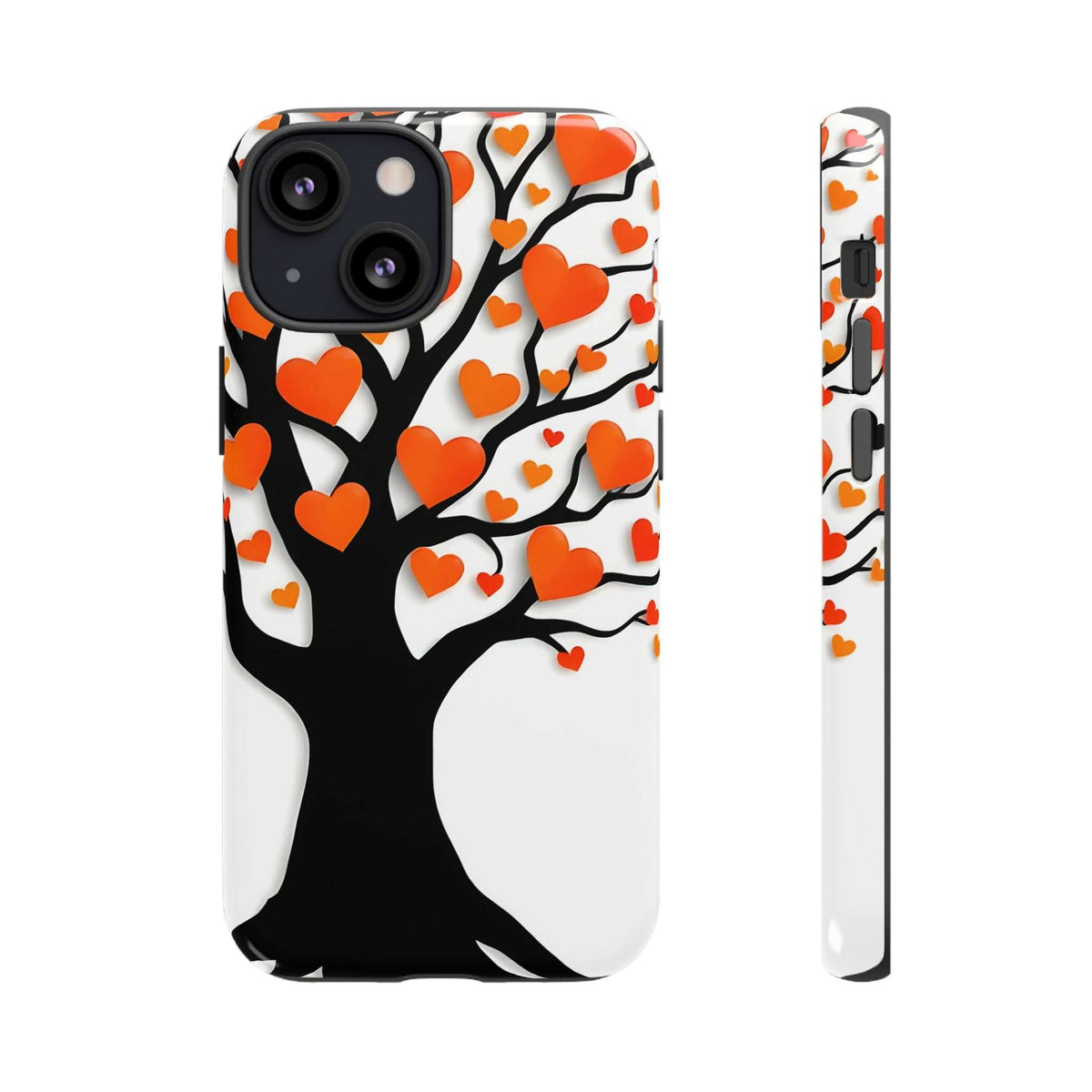 Heart tree phone case with orange hearts, front and side views with camera cutout