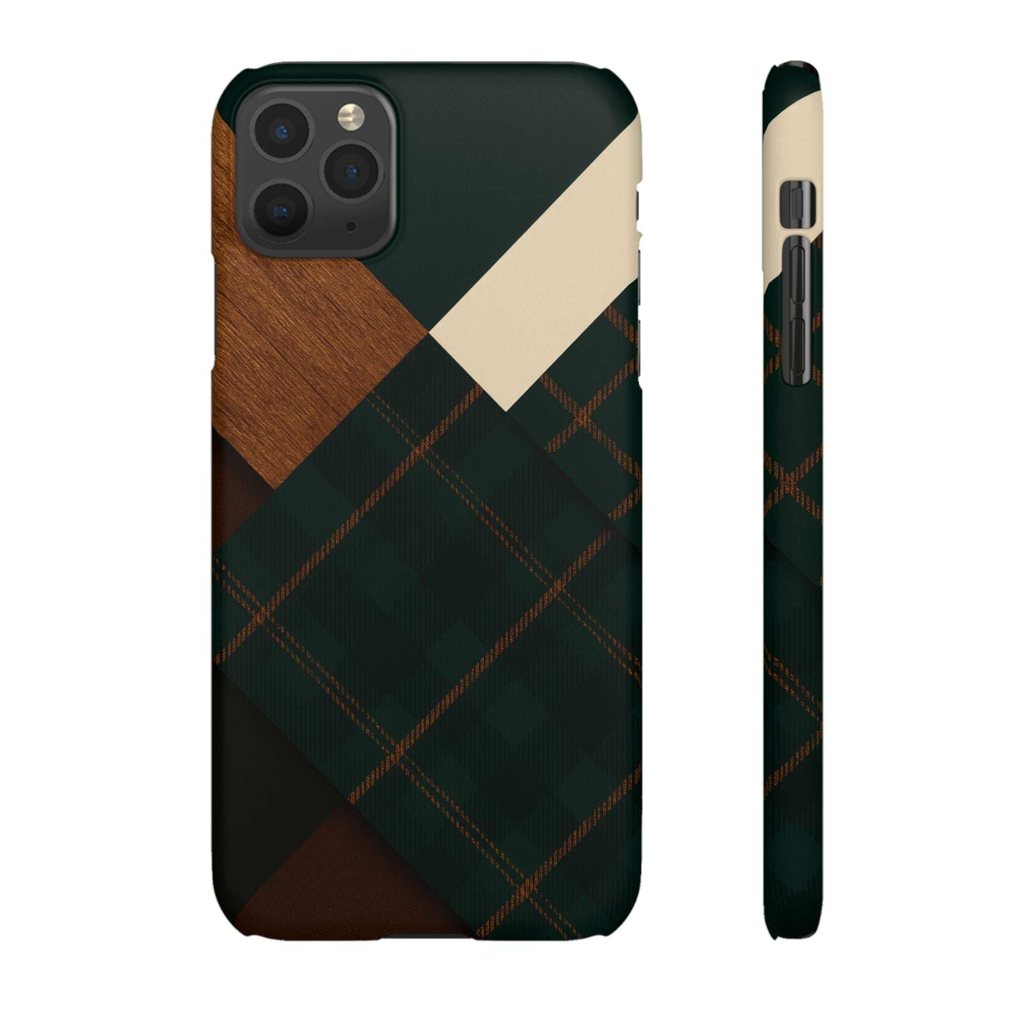 Rustic phone case with green plaid design, tan wood-look panel, cream diagonal stripe; side view