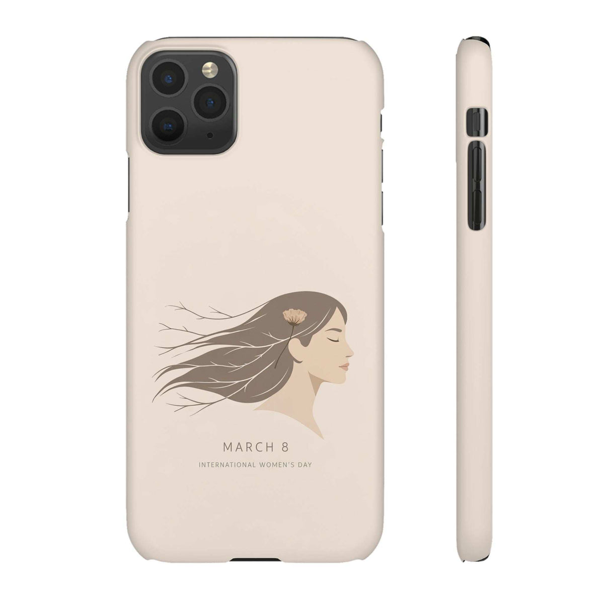 Beige phone case with floral woman illustration and camera cutout, side buttons visible.