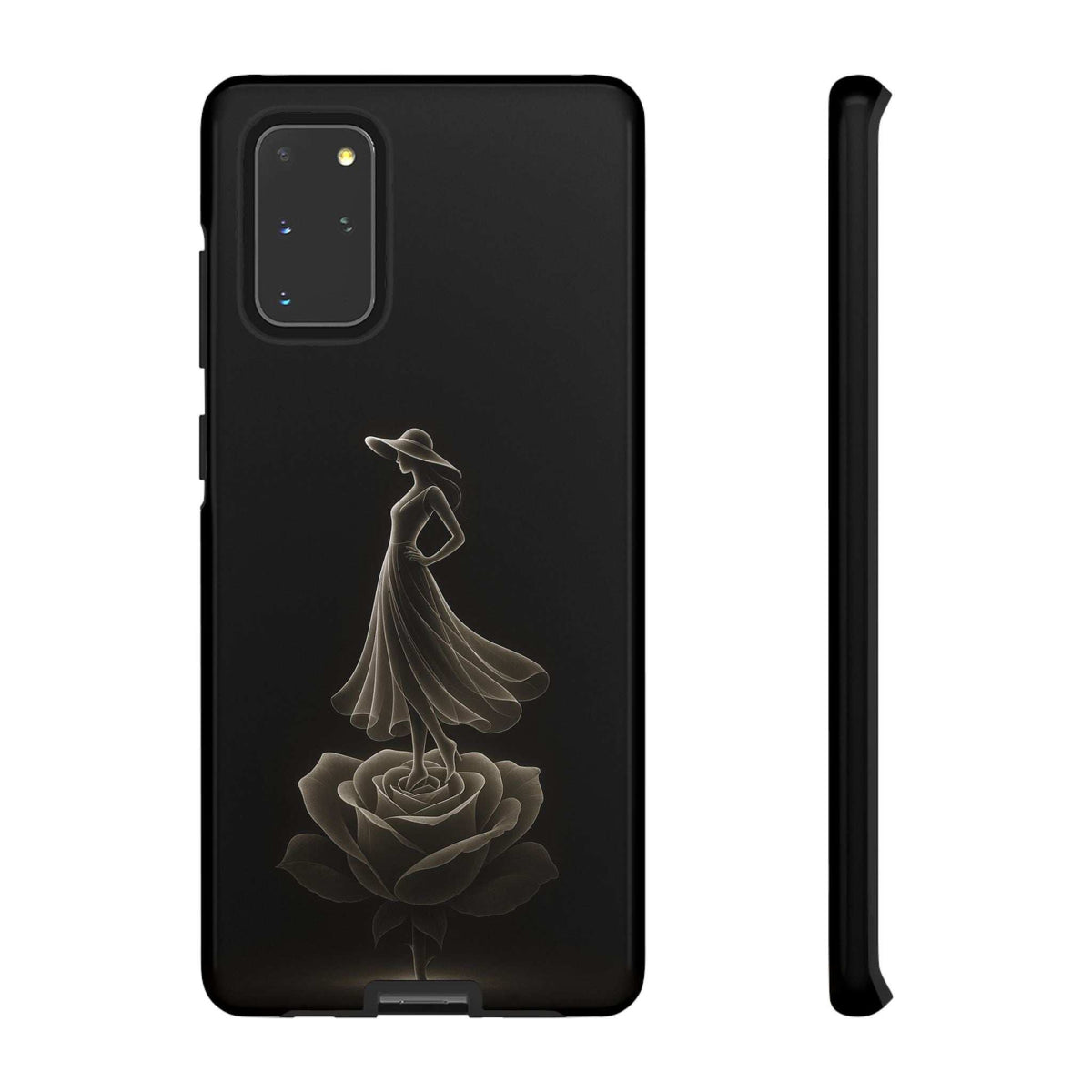 Black glossy phone case with lady and rose design; vertical back view with side profile