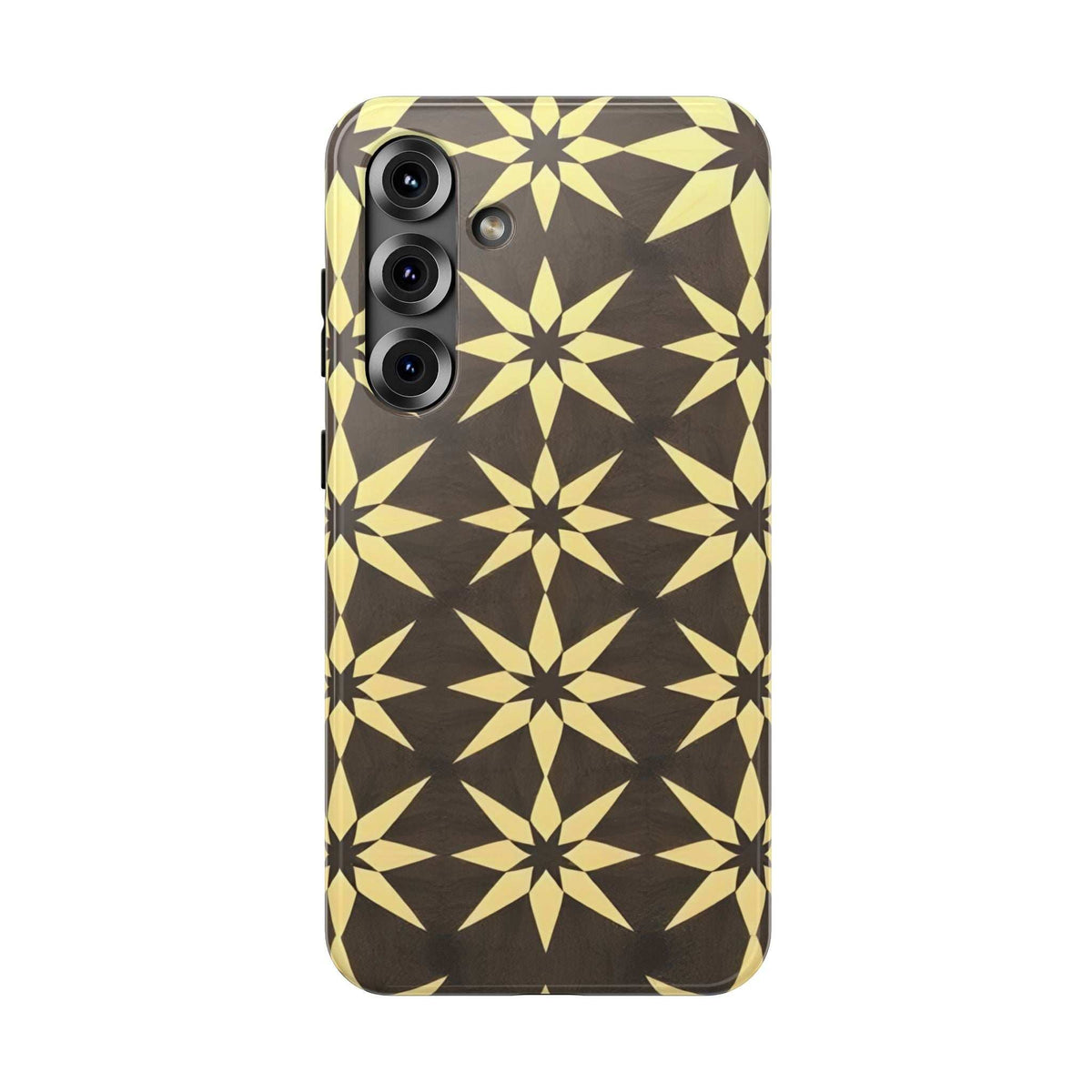 Phone case with geometric star pattern in black and gold; visible triple camera openings.