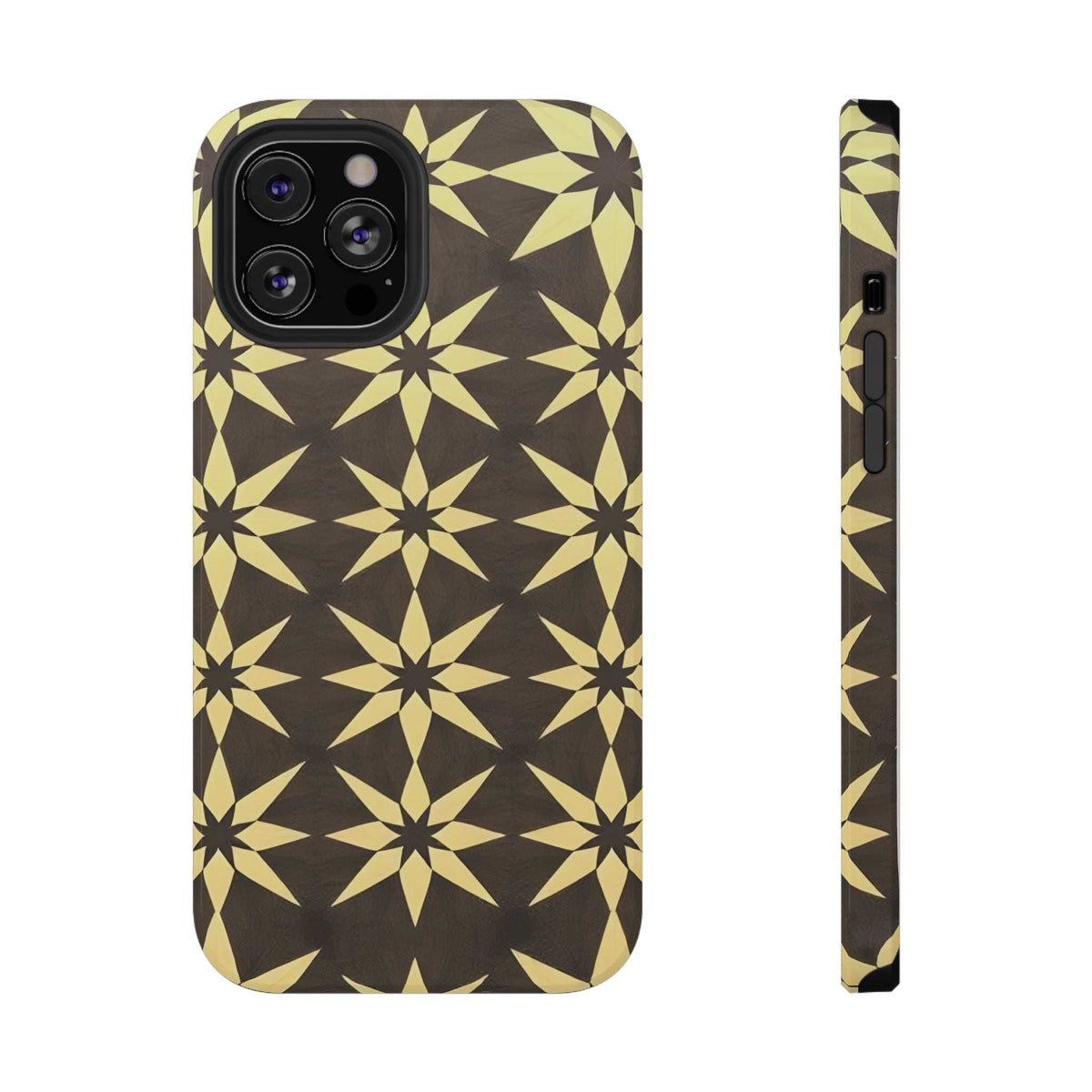 Star geometric phone case front view, black base with gold starburst pattern.