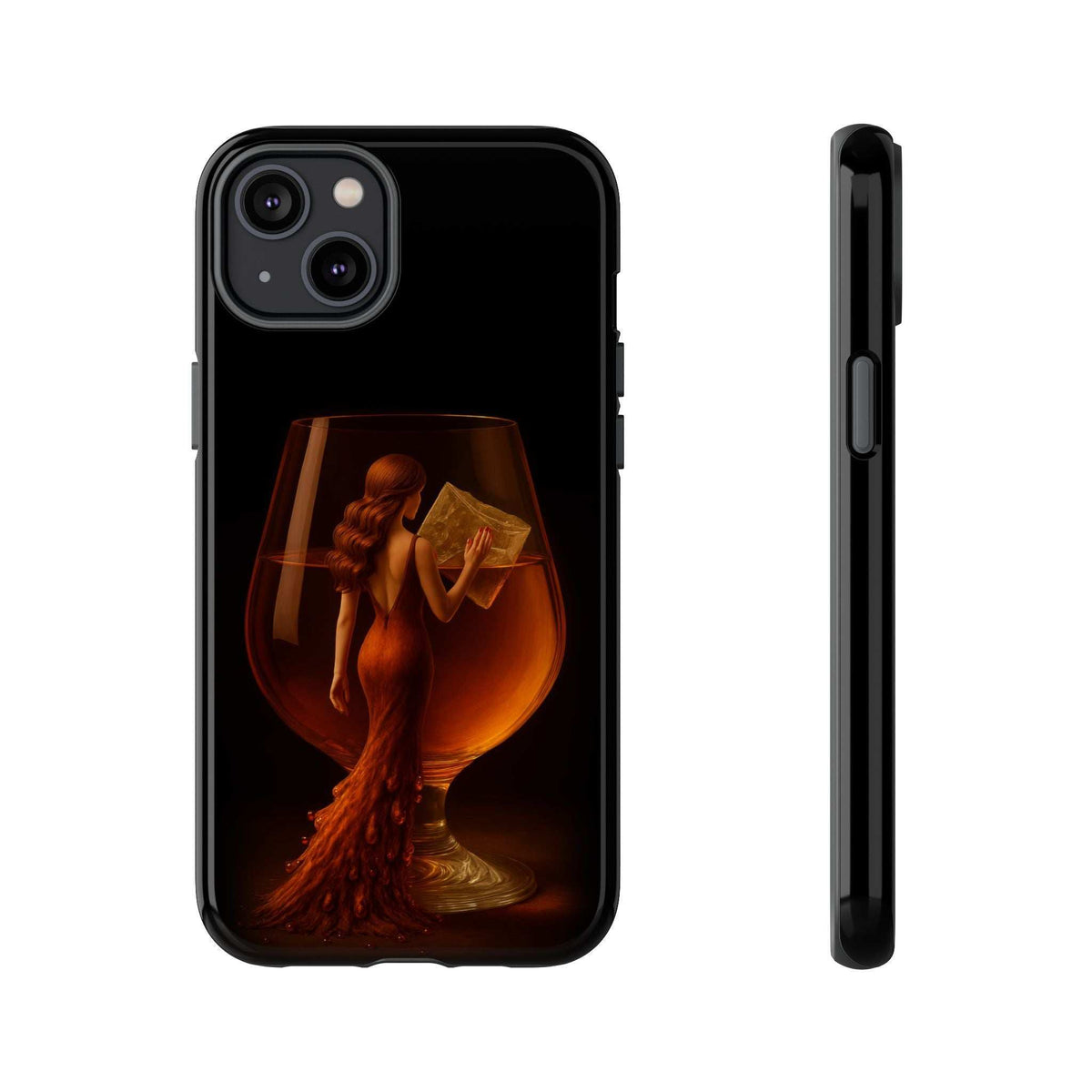 Glossy black phone case featuring a lady holding a book; side profile and camera cutout.