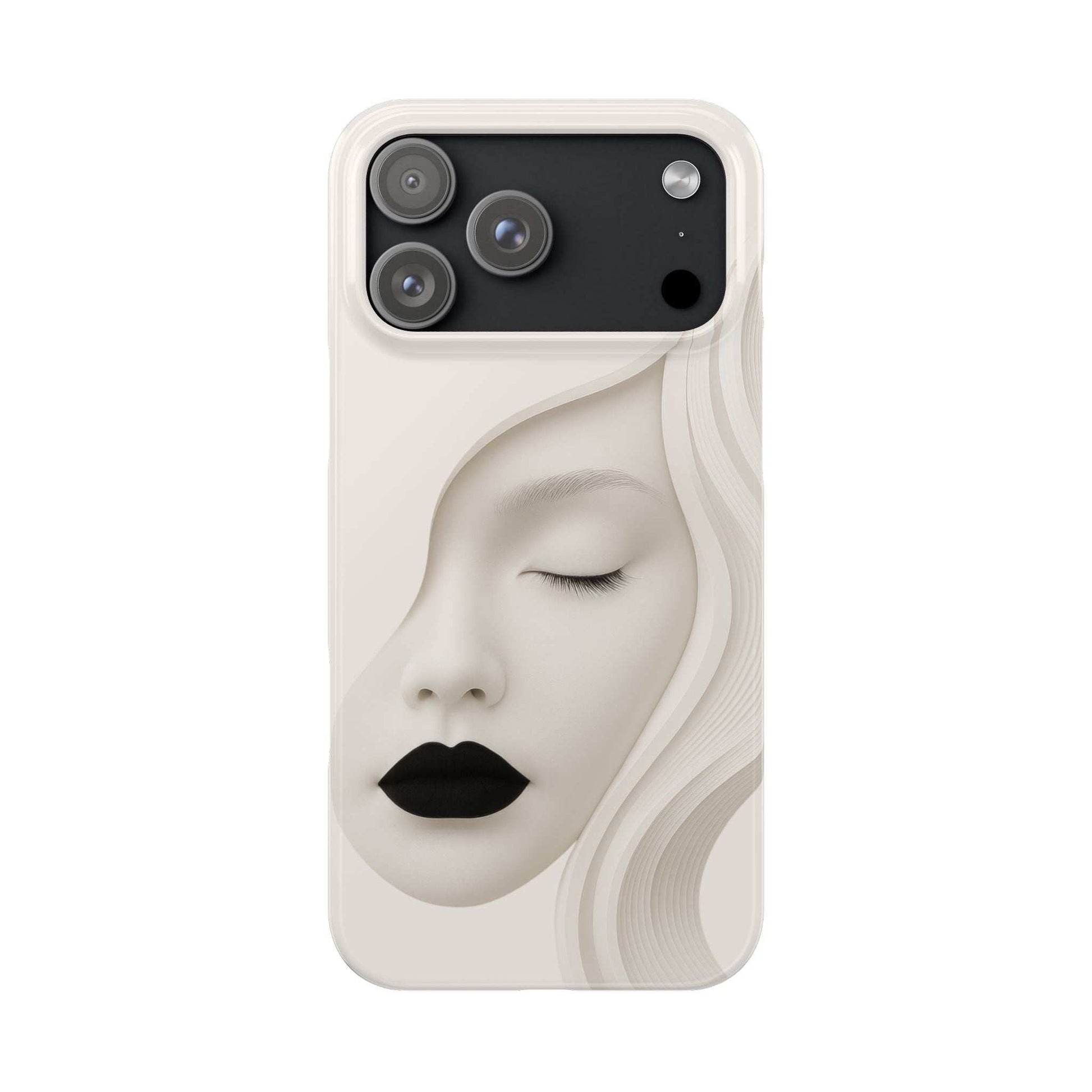Off-white face phone case with black lips; dark camera panel and cutouts