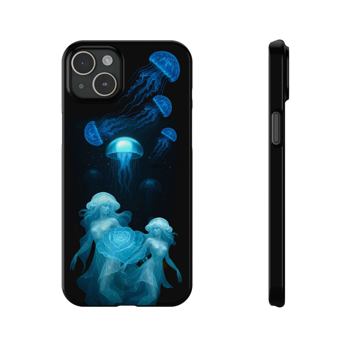 Black phone case with blue jellyfish and rose design, front view and side buttons.