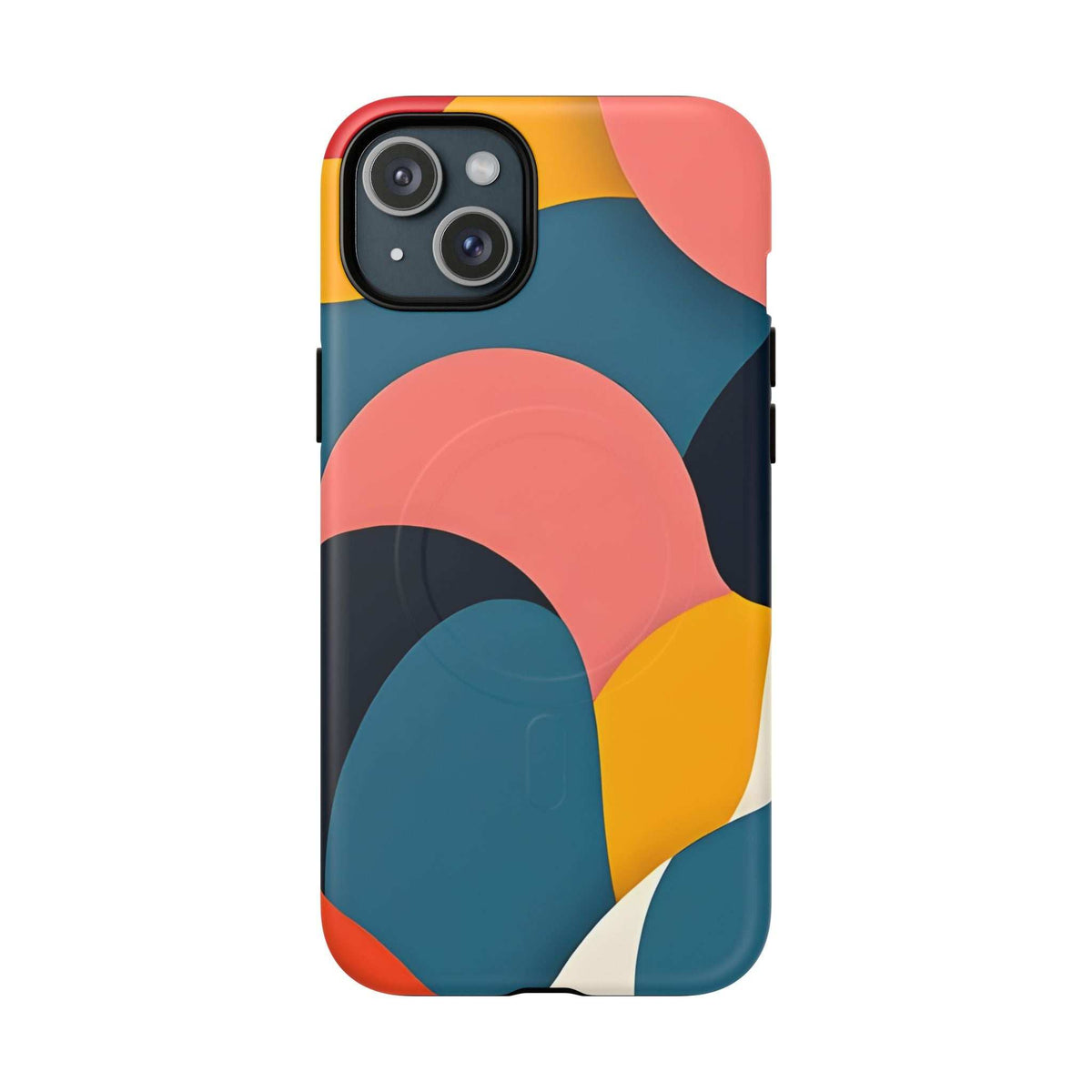 Colorful abstract art phone case with blue, coral, and yellow rounded shapes