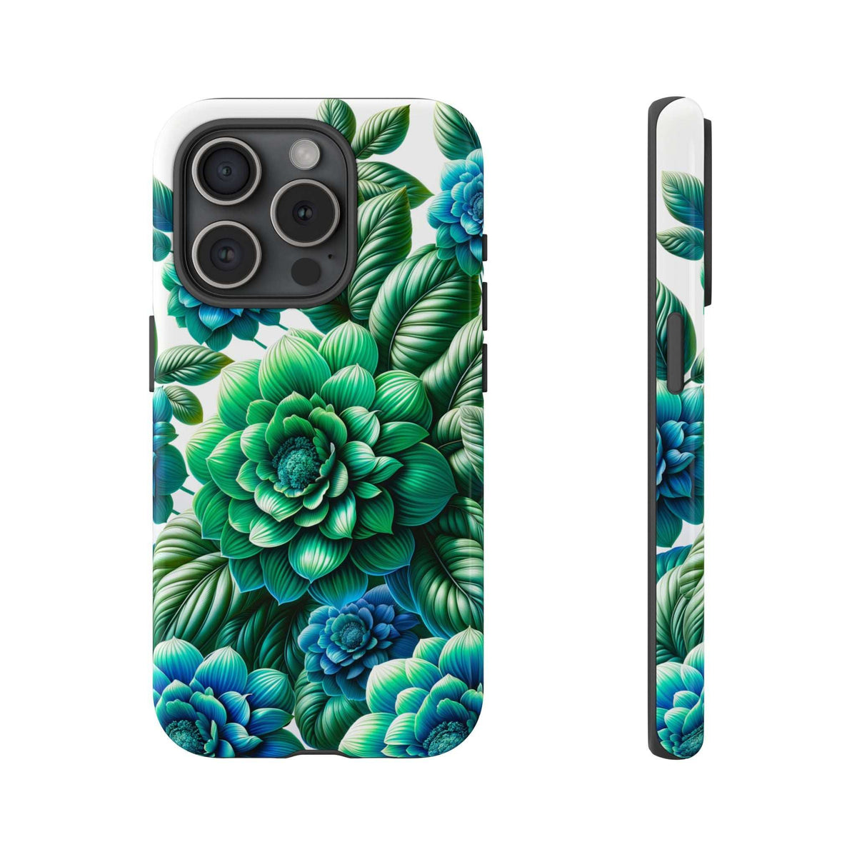 Green and blue floral phone case with dense leaf and blossom print; camera module on back