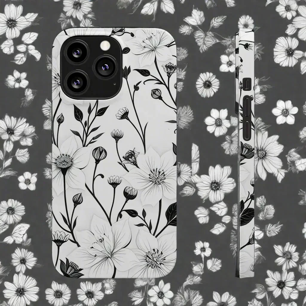Monochrome Bloom Floral Phone Case for iPhone 11-16 - KARARMDESIGN